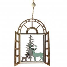 Χριστουγεννιάτικo Κρεμαστό Ξύλινο Στολίδι Παράθυρο, με Έλατο και Ελάφια (10cm)